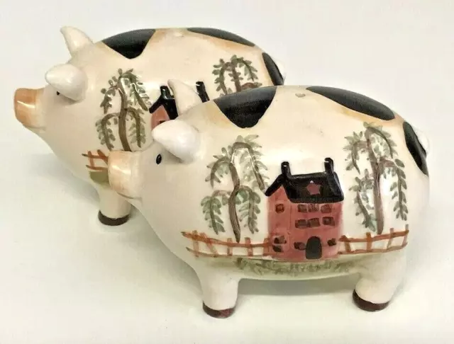 Unusual Vintage Pig Cruet Set Salt Pepper Hand Painted House Tableware Ceramic