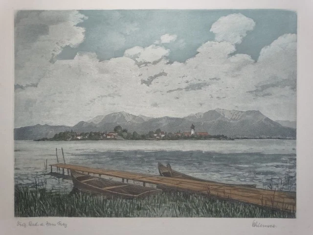Chiemsee - Ansicht Bayern - Hans Frey - signierte Aquatinta Radierung 20. Jh.