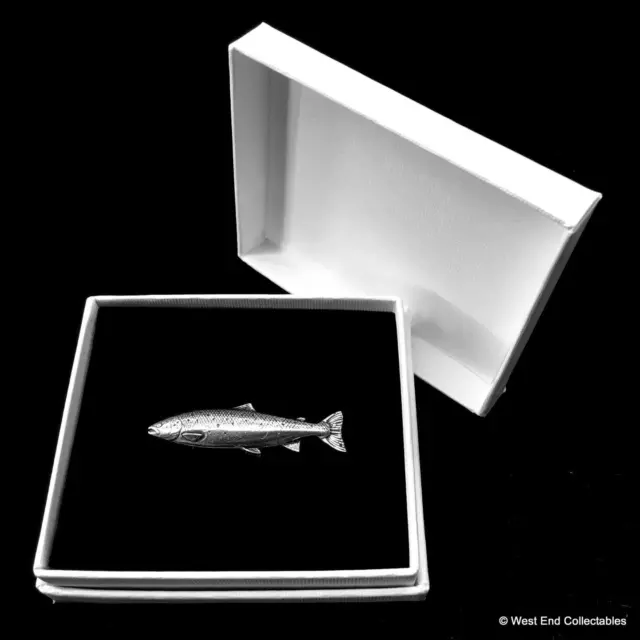 Salmón Mosca Pesca Plata Pewter Broche Insignia en Caja de Regalo Pesca con Caña