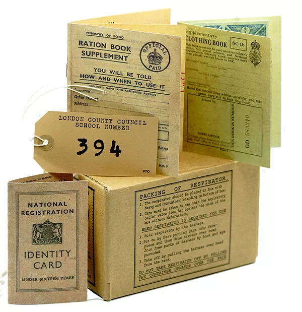 Repro 1940s/WW2 GAS MASK BOX-RATION BOOKS-ID CARD-LUGGAGE LABEL Child School Set