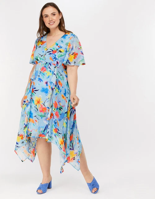 MONSOON WENDY PRINT Hanky Hem Dress Blue Floral Midi Tea Dress