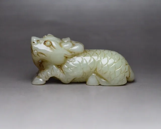 Collection Chinese Vintage Natural Hetian Jade Carved Exquisite Unicorn Statue