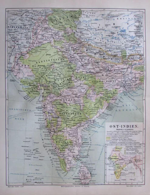 1888 OST-INDIEN alte historische Landkarte antique map Lithographie