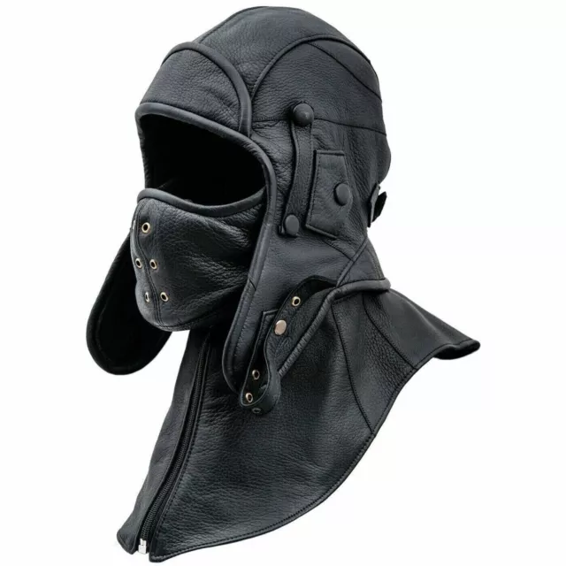 100 % Real Leather Aviator Cap with Collar and face cover Pilot- -Tactical Hood