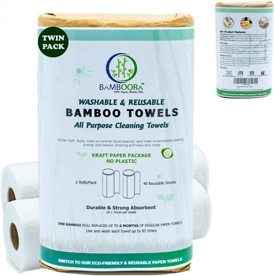 Paquete de 2 toallas de papel de bambú reutilizables Bamboora - sin pelusa, cero desperdicios,...