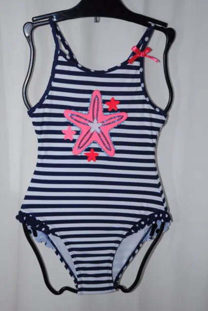 Flapdoodles Girls White Navy Pink Striped Marine Swimsuit Age 8 Years Bnwt