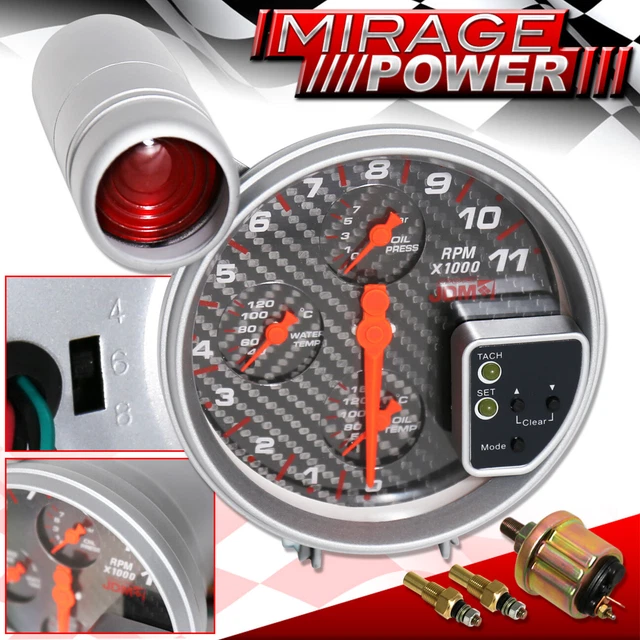 For Audi 5" 4IN1 11K RPM 5" Carbon Oil Pressure Water/Oil Temp Tachometer Gauge