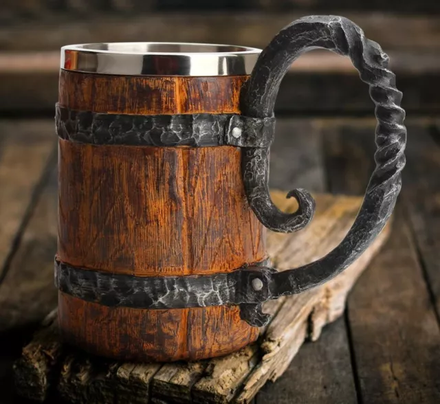 Stainless Steel Resin Coffee Beer Mug Retro Wooden Barrel Drink Gift  500ml Cup