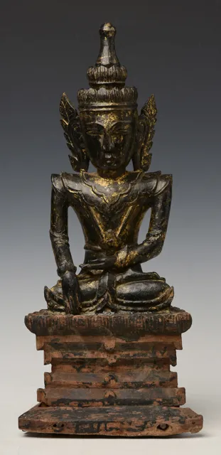 18th Century, Shan, Antique Burmese Wooden Seated Crowned Buddha