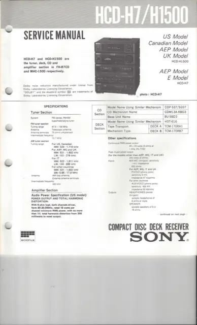 Sony Original Service Manual für HCD- H 7 / H 1500