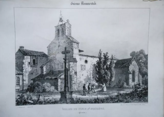 Lithographie XIXème - Église de l'Isle St Georges - Aumont - J. Philippe