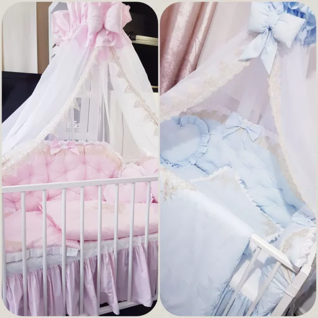 Luxury Baby Blue Pink Gold Embroidery Quilted Cot Bed Bedding Set Bow Lace