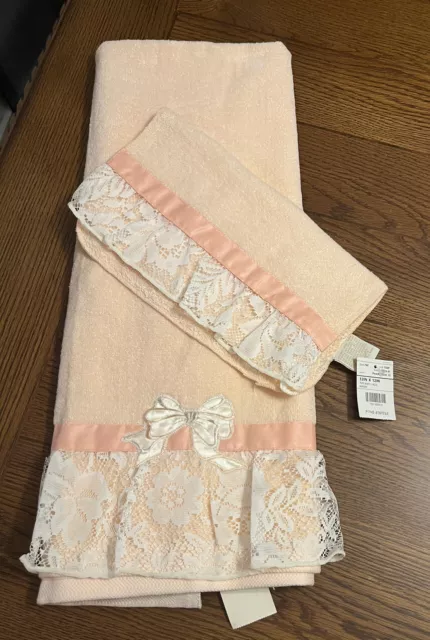 NOS Elizabeth Gray Pink Tiffany Lace Washcloth & Bath Towel Lace Bow Shabby Chic