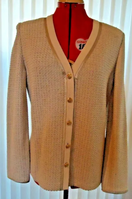 Beige St John Collection Ribbon Trim Long Sleeve Cardigan Knit Sweater-Size 8