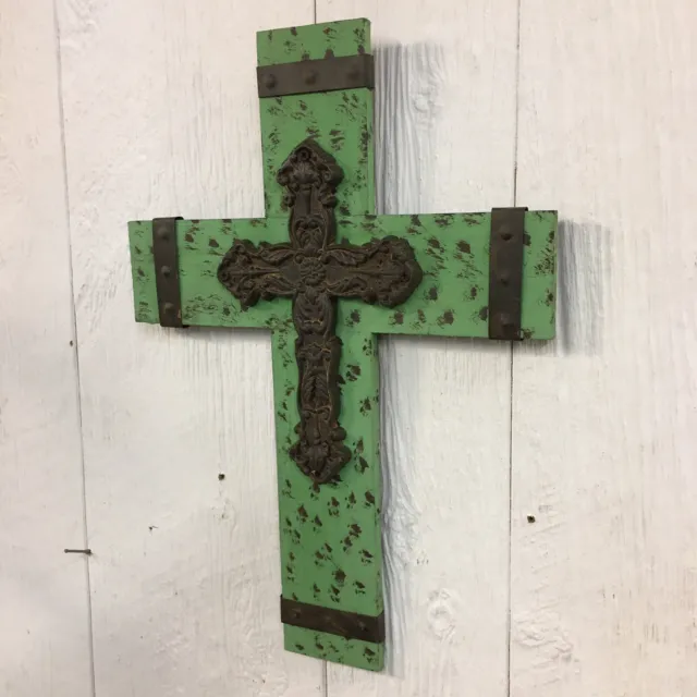 Cast Iron Cross On Wood Metal Green Display Christian Catholic Ornate