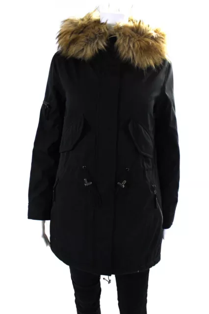 S13 NYC Womens Fleece Faux Fur Trim Full Zip Hooded Parka Coat Black Size XS