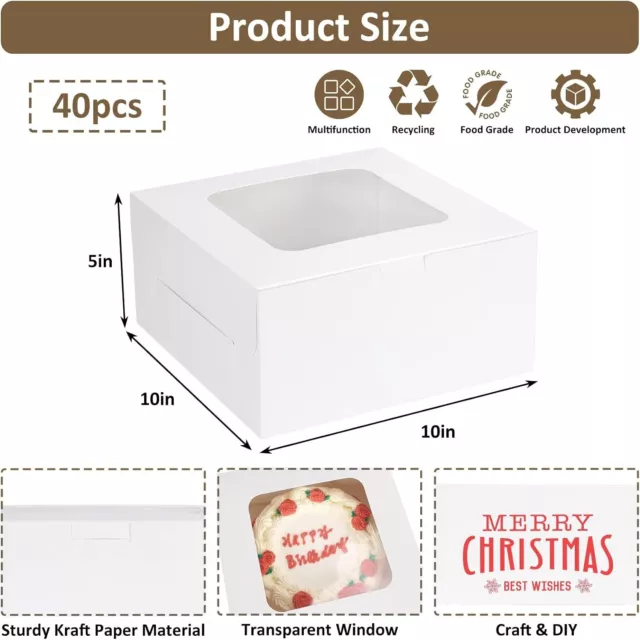 40Pcs 10X10X5 Inch Cake Boxes with Window White Pastry Boxes Paper Bakery Box