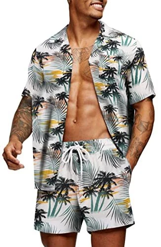 Men's Hawaiian Matching Set Summer Beach 2 Piece Outfits Flower Shirts and