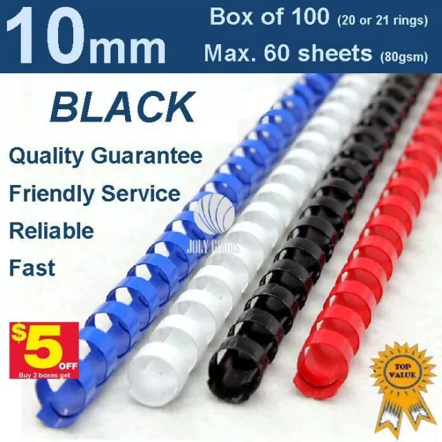 10mm Plastic Binding Combs BLACK -20 or 21 ring (Box 100) Buy 2 boxes get $5 off