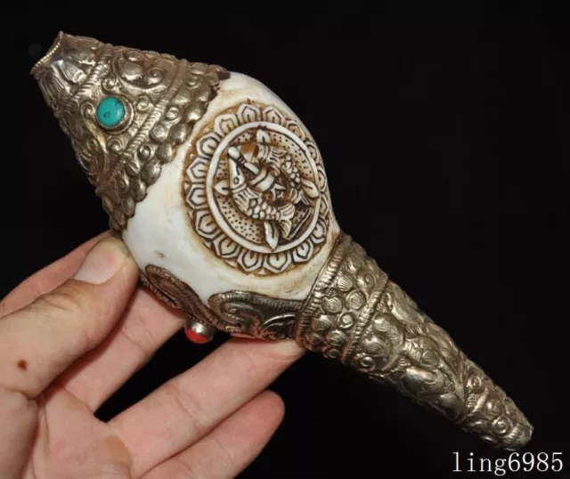 Tibet Buddhism conch shell Inlay gem Tibetan silver Conch Trumpet Horn Shell