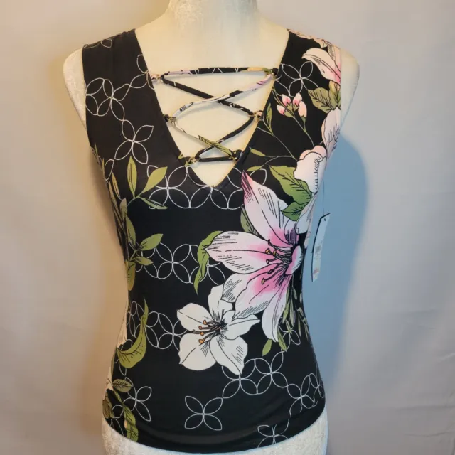 Guess Size M Sleeveless Criss Cross Lace Up Front Floral Black Pink NWT