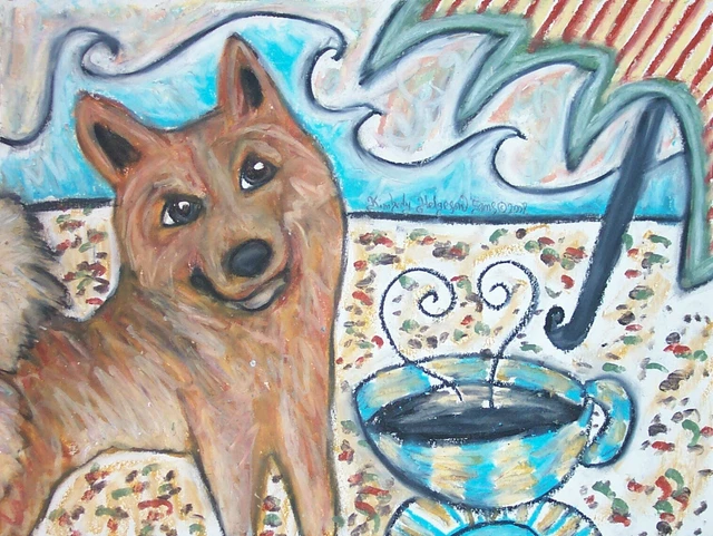 FINNISH SPITZ Drinking Coffee at Beach 8x10 Collectible Dog Pop Art Print Signed FINNISH SPITZ Drinking Coffee at Beach 8x10 Collectible Dog Pop Art Print Signed
