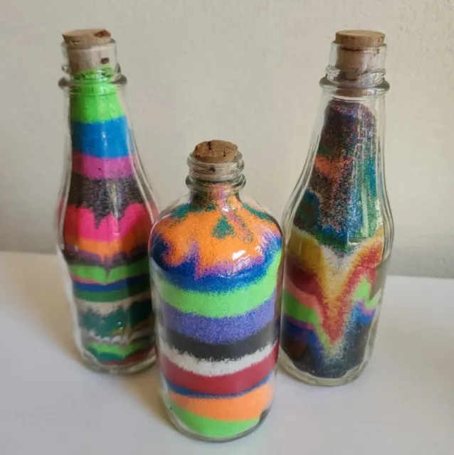 Vintage Lot Colored Sand Art Glass 3 Bottles Beach House Summer Decor Homemade