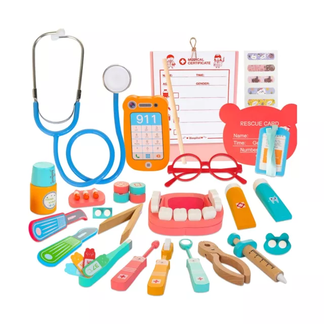 Wooden Dentist Kit for Kids, 41 Pieces Toy Medical Kit with Stethoscope & Med...