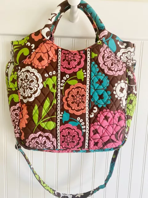 Vera Bradley Large Floral Lola Two-Way Tote Brown Quilted Cotton Crossbody