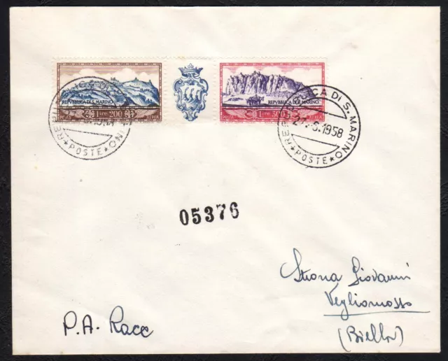 San Marino 1958 FDC Trittico Veduta Posta Aerea Raccomandata