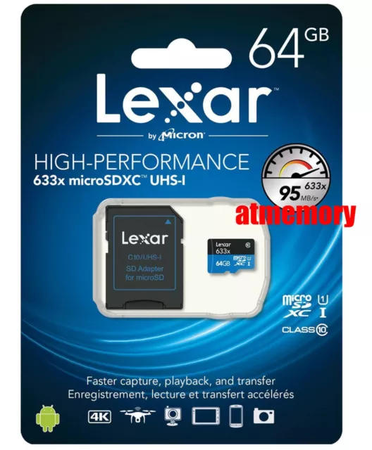 Lexar 64GB 64G 633x 95MB/s Micro SDXC SD Class10 UHS-I SD Adapter GoPro Retail