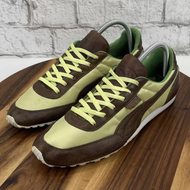 Vintage Puma Womens Old School Retro Brown Green Leather Running Shoes Sz. 8.5