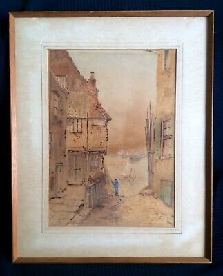 "The Ghaut Whitby" Street scene E. Nevil Watercolor, paper 19 C. Framed [AH205]