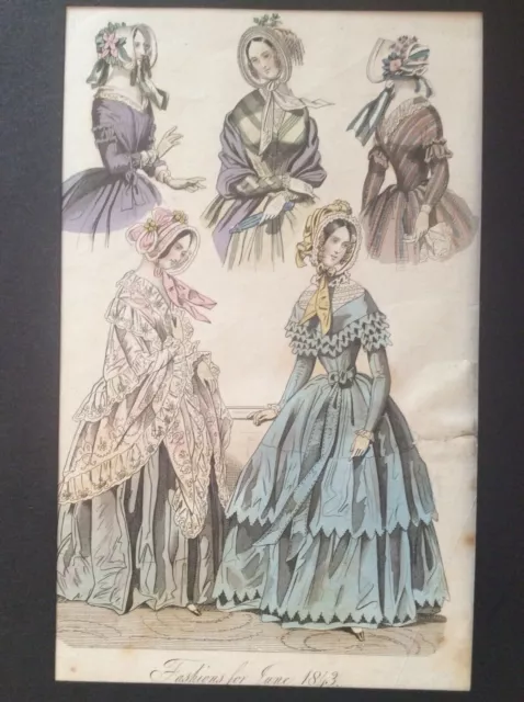 1843 FASHION PLATE COSTUME. ANTIQUE HAND COLOURED ENGRAVED PRINT 24cmX16cm (A 1)