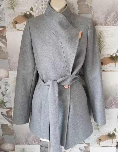 Ted Baker Keyla Grey Wrap Collar Belted Short Winter Jacket Coat Size 2 UK 10