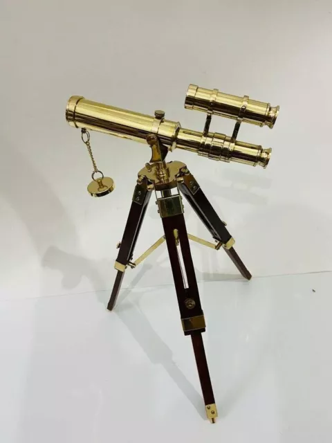 Nautical Brass Double Barrel telescope With Wooden Tripod Stand Marine Spyglass