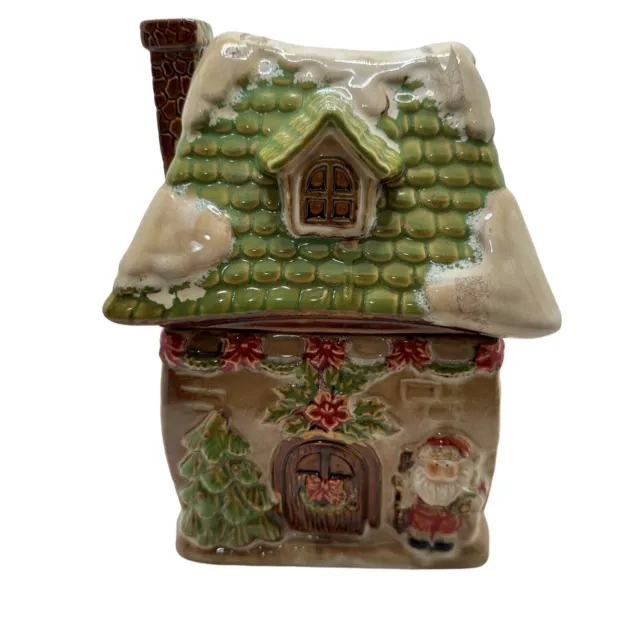 Christmas Cookie Jar Ceramic 2 pc Christmas House Santa Tree  7.5" x 6" x 5"