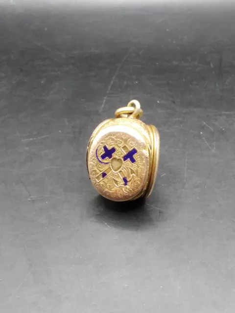 Rare Antique Yellow Metal Triple Locket Pendant Watch Fob Enamel Victorian Era