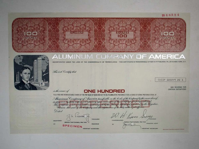 PA. Aluminum Co, of America., ND(1980-90s). 100 Shrs Specimen Preferred Stock