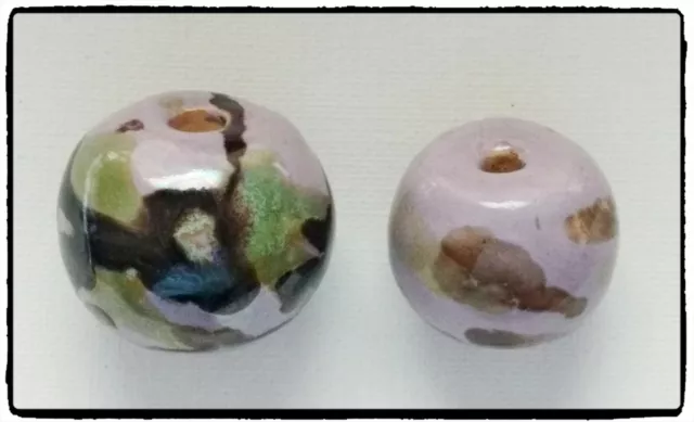 KAZURI MACRAME BEADS - round - purple, brown & green with the splash pattern