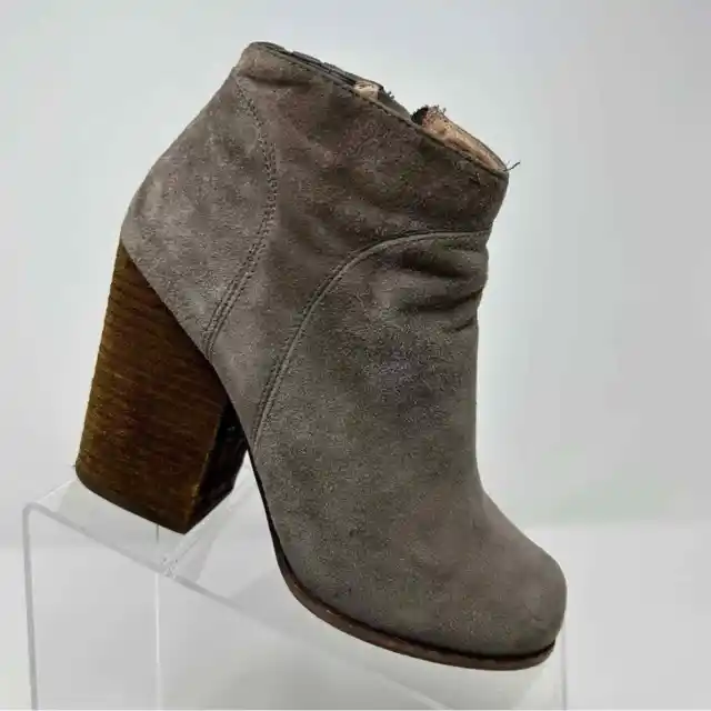 Jeffrey Campbell Hanger Gray Leather Chunky Heeled Stacked Ankle Boots Size 7