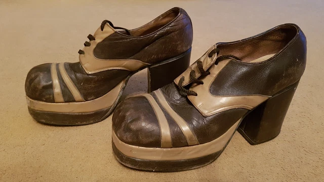 Vintage 1970s Mens Platform Shoes, Brown & Tan, Size 7 Vintage 1970s Mens Platform Shoes, Brown & Tan, Size 7