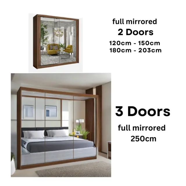 Modern Sliding Wardrobe 2/3 Doors Full Mirror  Design 6 Colours/5 Sizes - ALASKA