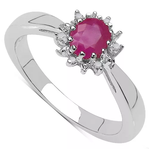 Sterling Silver Small Oval Genuine Ruby & Diamond Cluster Engagement Ring Size