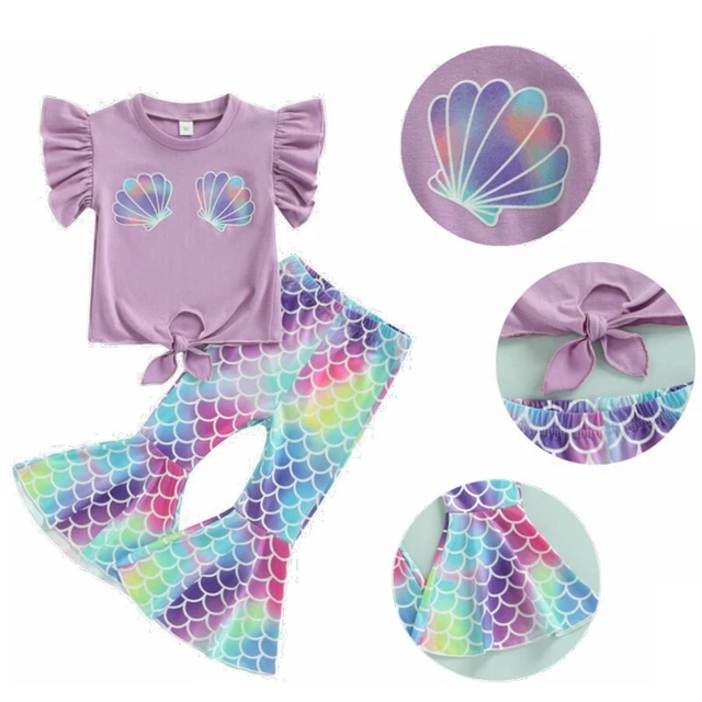 Kids Girls Mermaid Costume Shell Print Tops+Bell-bottom Pants Trouser Outfits