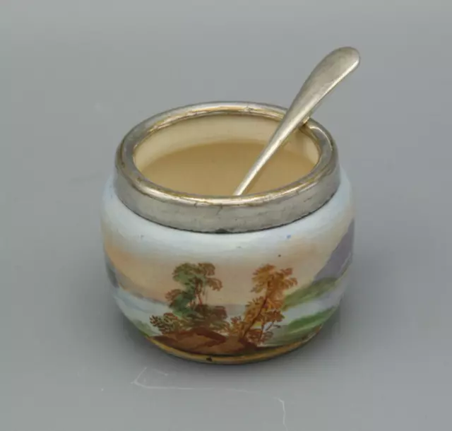 Vintage hand painted china and silver-plated mustard pot and spoon