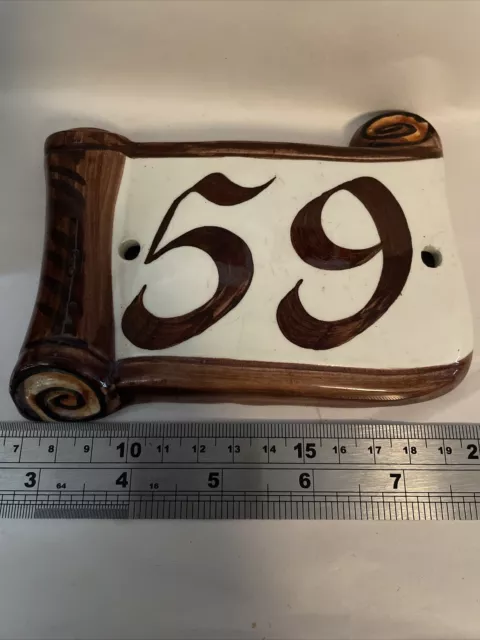 vintage ceramic hand painted house number 59 plaque With Scroll Scene