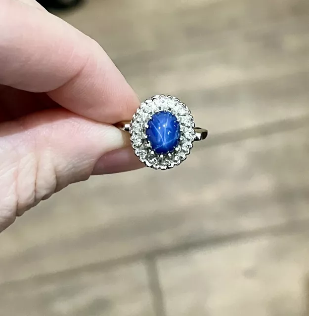 Famor 14k White Gold Diamond Halo Blue Star Sapphire Ring Size 8
