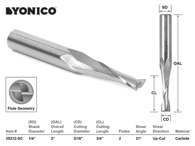 3/16" Dia Low Helix Upcut End Mill CNC Router Bit - 1/4" Shank - Yonico 35212-SC