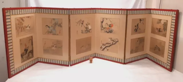 Antique Japanese Hand-Painted Wood Paper SCREEN Room Divider BIRDS 1920s #1